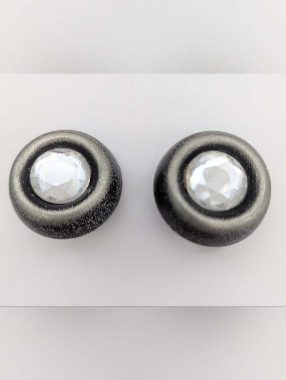 Unisex Black & Gun Metal Grey Clip-On Earrings w/Clear Reflective Crystal Center - Picture 2 of 7